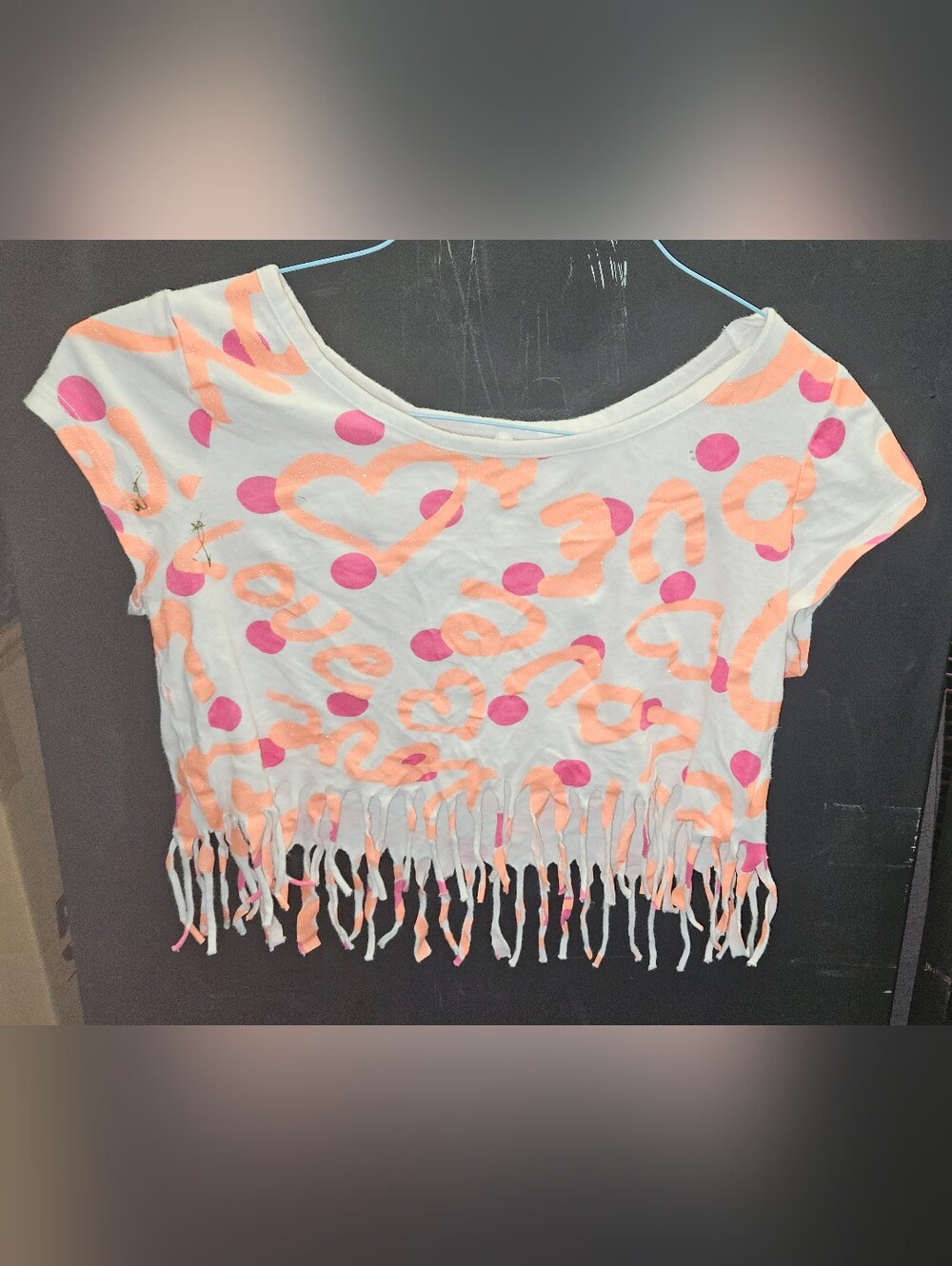 Justice Girls White Fringe Crop Tee with Pink Polka Dots & Peach Hearts Size 10